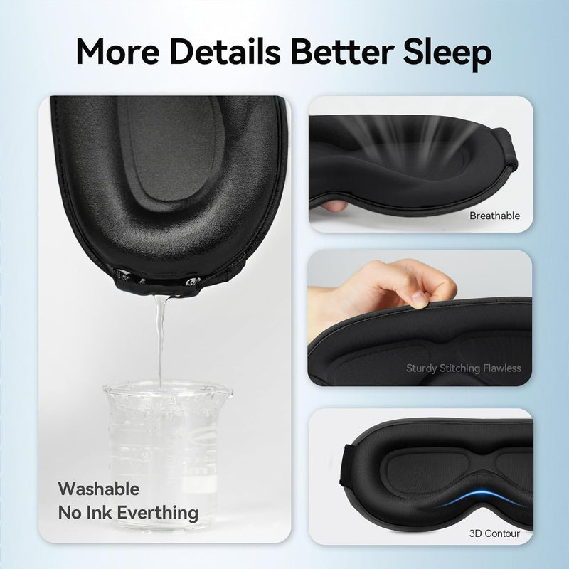 Blackout Sleep Mask: Weighted Eye Mask for Men Women - 3D Contoured Zero Pressure and Eyelash Free - Airplane Travel Nap Night Sleeping Blindfold - Adjustable Ear-Friendly Breathable Comfortable Black - BeesActive Australia
