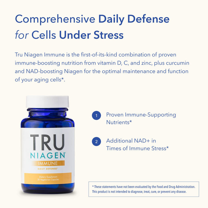 TRU NIAGEN Immune Support Supplement - Daily Defense - Vitamin C from Fermentation, Vegan Vitamin D3 2000 IU, Zinc, Plus Theracurmin (Curcumin) + Multi Award-Winning NAD Boosting Niagen 150mg 30ct 30 Servings (Pack of 1)