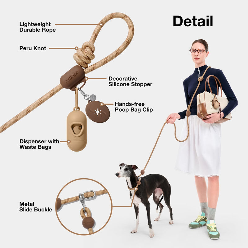 VETRESKA Hands-Free Dog Leash, 8FT Adjustable Rope Leash for Medium Large Dogs, Waist/Crossbody Slip Lead Leashes for Walking, No Pull Dog Leashes with Bag Dispenser, Clip, 3 in 1 Walk Kit (Coffee) Coffee Brown - BeesActive Australia