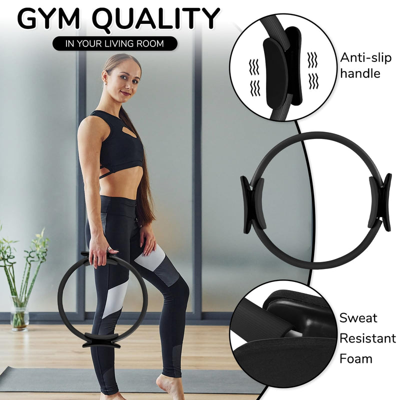 TOPZGLEEY Pilates Ring Set – 14" Anti-Deformation Magic Circle with Padded Handles, Mini Ball, 5 Resistance Bands, Guide, Pilates Equipment for Home Workout BLACK