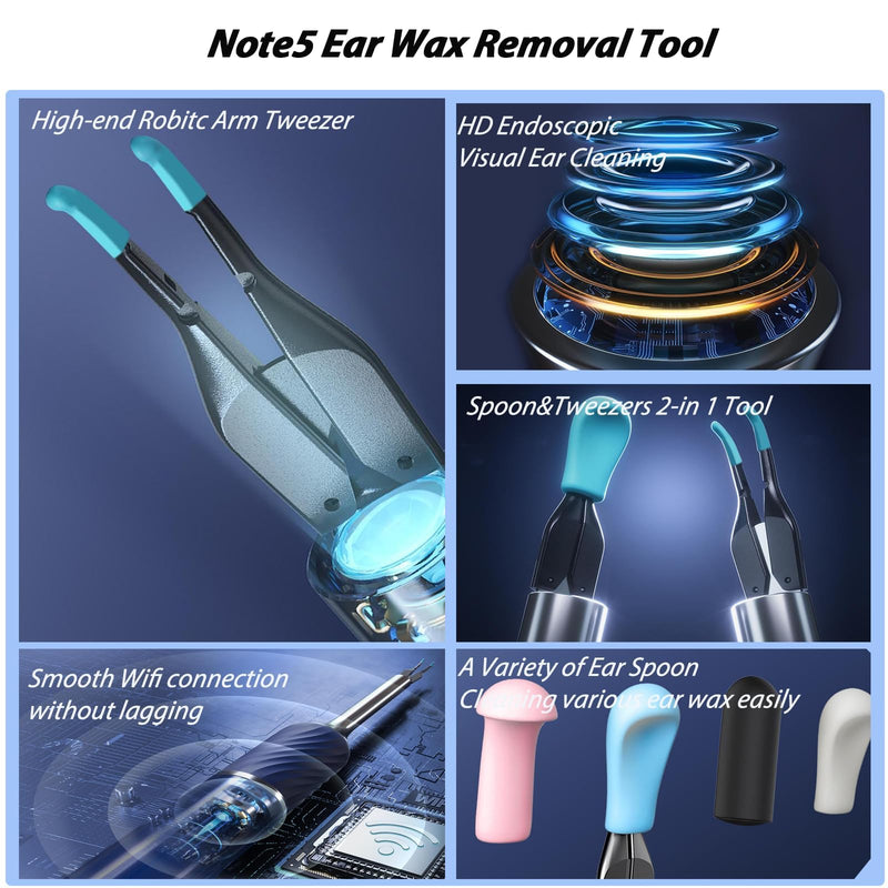 Note5 Ear Wax Removal Kit with Camera,10MP Ear Cleaner Camera Otoscope with Light,Real-time Remote Video with Ear Pick & Tweezers,12 Pcs Ear Scoops for Whole Family Update Ear Wax Tweezers - BeesActive Australia