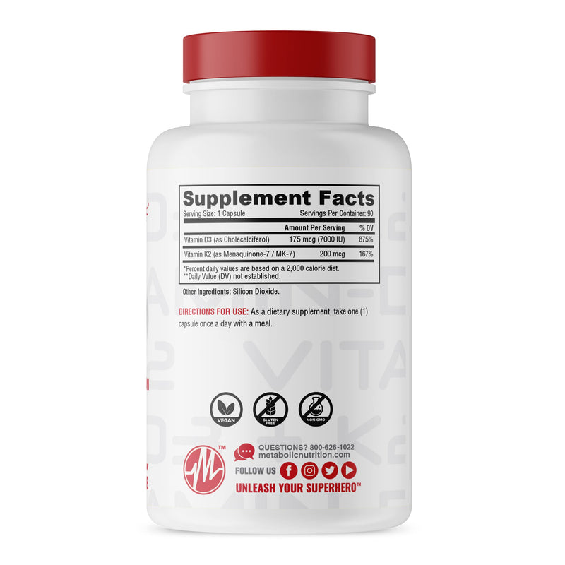Metabolic Nutrition Vitamin D3 + K2, Bone and Heart Health Formula, Immune Support, 90 Veggie Caps 7000IU per Capsule Max Dose 90 Count (Pack of 1)