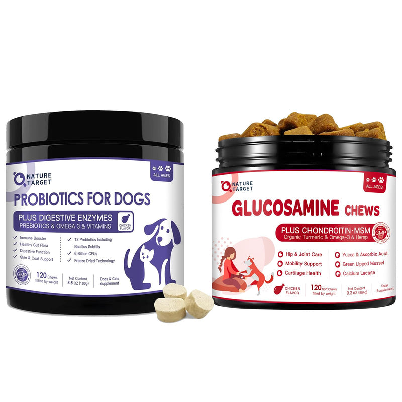 NATURE TARGET Probiotics for Dogs 6 Billion Freeze Dried Probiotics Bundle with Glucosamine for Dogs