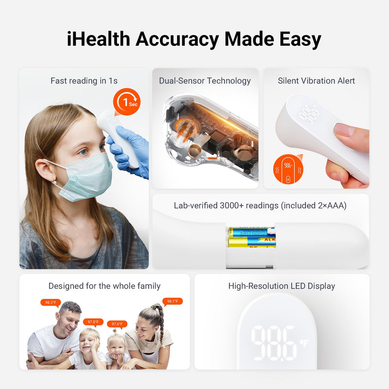 iHealth No-Touch Forehead Thermometer for Adults, Kids, Babies - 1s Fast Accurate, 3 Ultra-Sensitive Sensors, Quiet Vibration Feedback, Digital Large LED Digits, Easy to Use for Home & Nurses, PT3 White