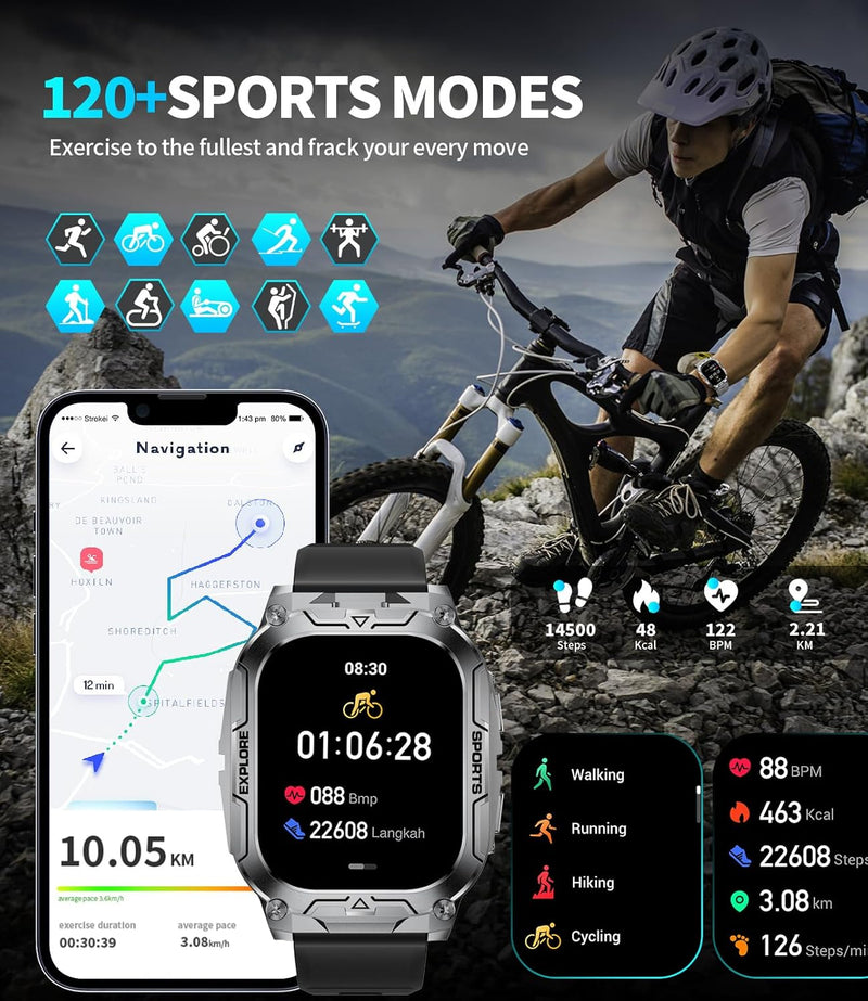 TX12 Smart Watch for Men, 1000 mAh Battery/LED Flashligh Military Smart Watches, 2.01'' HD Fitness Tracker, 100+ Sports Mode/Pedometer/IP68 Waterproof Smartwatch for Android iOS Phones