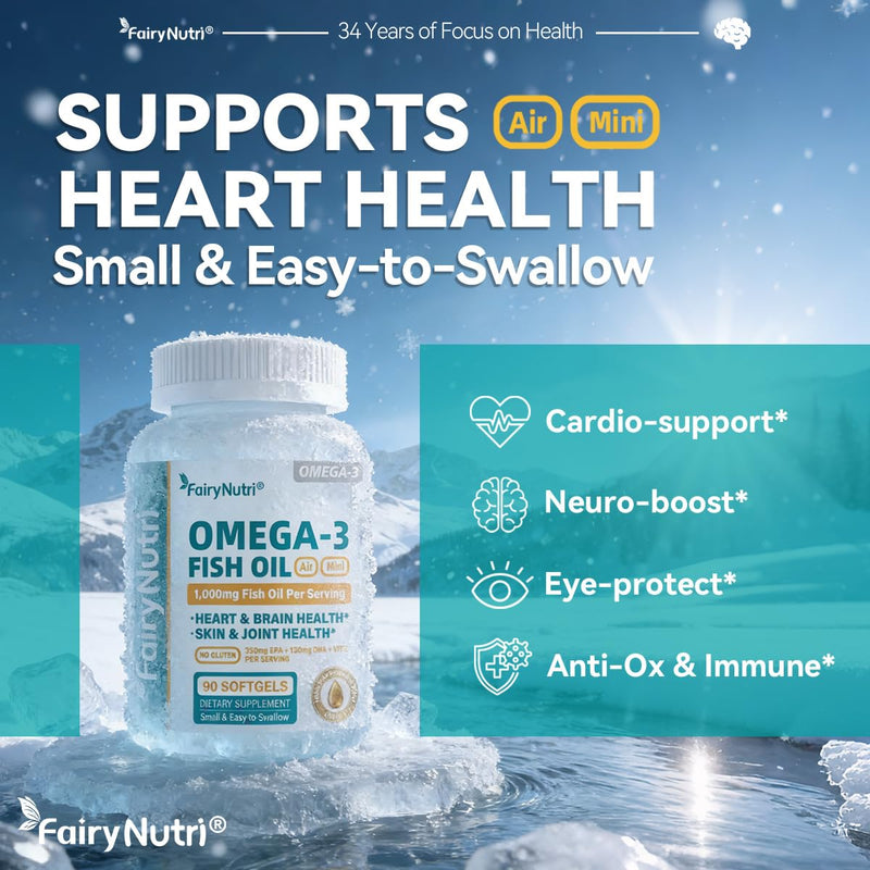 Omega-3 Fish Oil Softgels, 1000mg Per Serving, 350mg EPA + 130mg DHA, Heart & Brain Health Support, Air Mini Small & Easy to Swallow, 90 Count