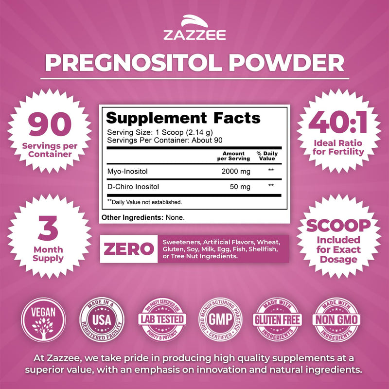 Zazzee PREGNOSITOL Powder, 3 Month Supply, Myo-Inositol & D-Chiro Inositol | 40:1 Fertility Blend, Free Scoop for Exact Dosage, Premium Balanced Formula, 180 Servings, Vegan, All-Natural and Non-GMO 6.51 Ounce (Pack of 1)