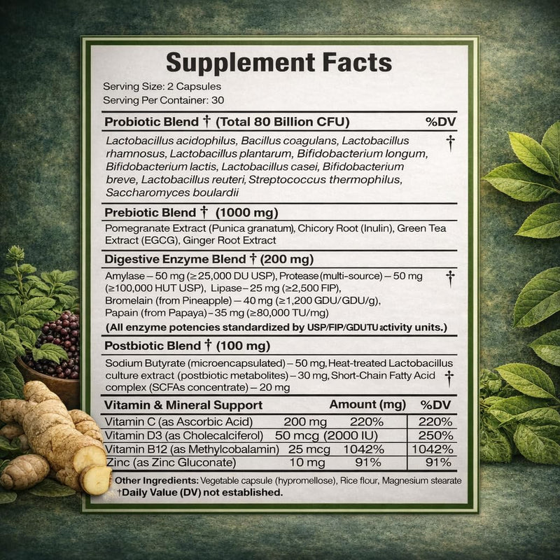 NATURAL NEED™ Gut Health – 5-in-1 Formula with Probiotics, Prebiotics, Postbiotics, Enzymes & Vitamins (C,D3,B12,Zinc) – Delayed Release Capsule – Supports Overall Digestion, Immunity & Gut – 60 Vegan