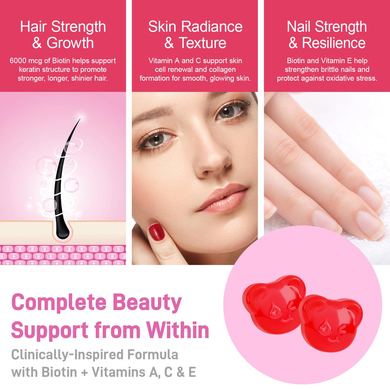 Biobor Hair Skin & Nails Gummies, 6000 mcg Biotin for Beauty Support, 60 Ct | Daily Beauty Gummies for Adult with Biotin and Vitamins A, C & E. Strawberry Flavor. No Sugar Added, Gluten free, Non-GMO. 60 Count (Pack of 1)