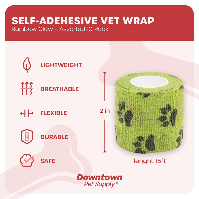 Cohesive Vet Wrap for Dogs, Self Adhesive Bandages in Bulk, Pet Cat Wound Care, Gauss Bandage for Horses by Downtown Pet Supply (Rainbow Claw, 10 Pack) Rainbow Claw - BeesActive Australia