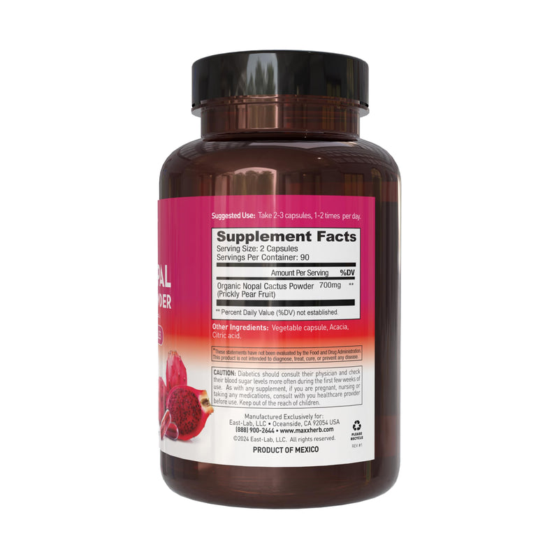 Red Nopal Cactus Capsules - Organic Prickly Pear Fiber, Vitamins, Antioxidant, Metabolic Support, No Added Sugar, Non-GMO, Gluten Free (180 Veggie Capsules)