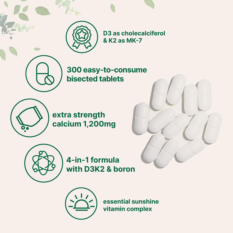 Calcium 1,200mg with Vitamin D3 & K2, 300 Tablets | Calcium Supplements for Women & Men | Mineral Complex Support Bone, Teeth, Colon & Cardiovascular Health | Non-GMO, Gluten-Free