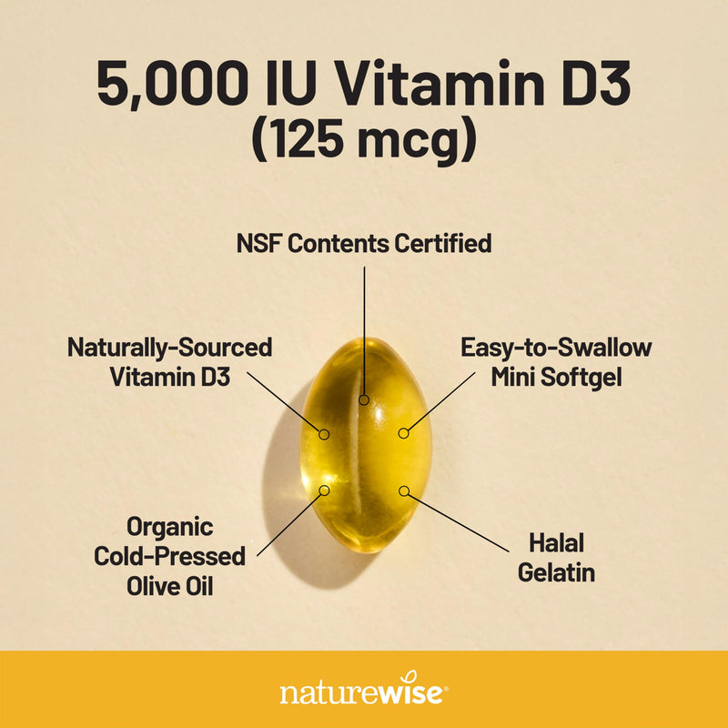 NatureWise Vitamin D3 5000IU Supplement, Immune Support, 90 Mini Softgels | Vitamin D 125 mcg - Organic Extra Virgin Olive Oil - Muscle & Bone Support - Gluten Free & USA Manufactured - 90-Day Supply 90 Count (Pack of 1) 5000 IU