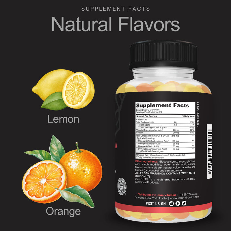 Halal Omega 3 Gummies with DHA, Plant Based, 60 Count | Vegetarian, Fish Oil alternative, Sourced with essential fatty acids & Vitamin C to support brain, eyes & heart health.