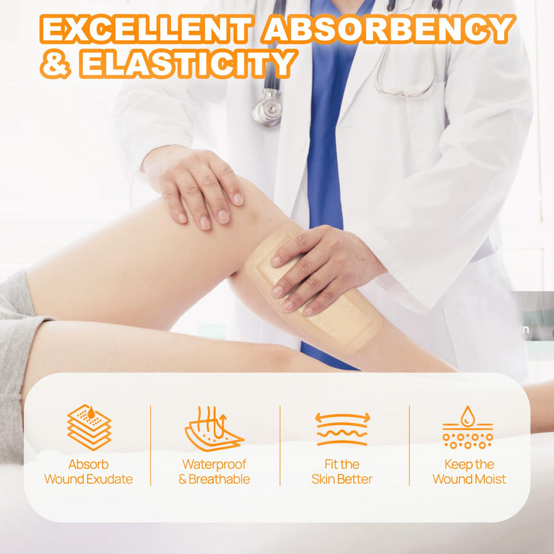 Carbou 4"x 8" Silicone Super Absorbent Wound Dressing, 10 Individual Pack, Self-Adhesive Waterproof Bandage, Soft Highly Absorbent Dressing for Wound Care, Burns, Bedsores, Traumas & Surgical Wounds 4"x8" (Pack of 10) - BeesActive Australia