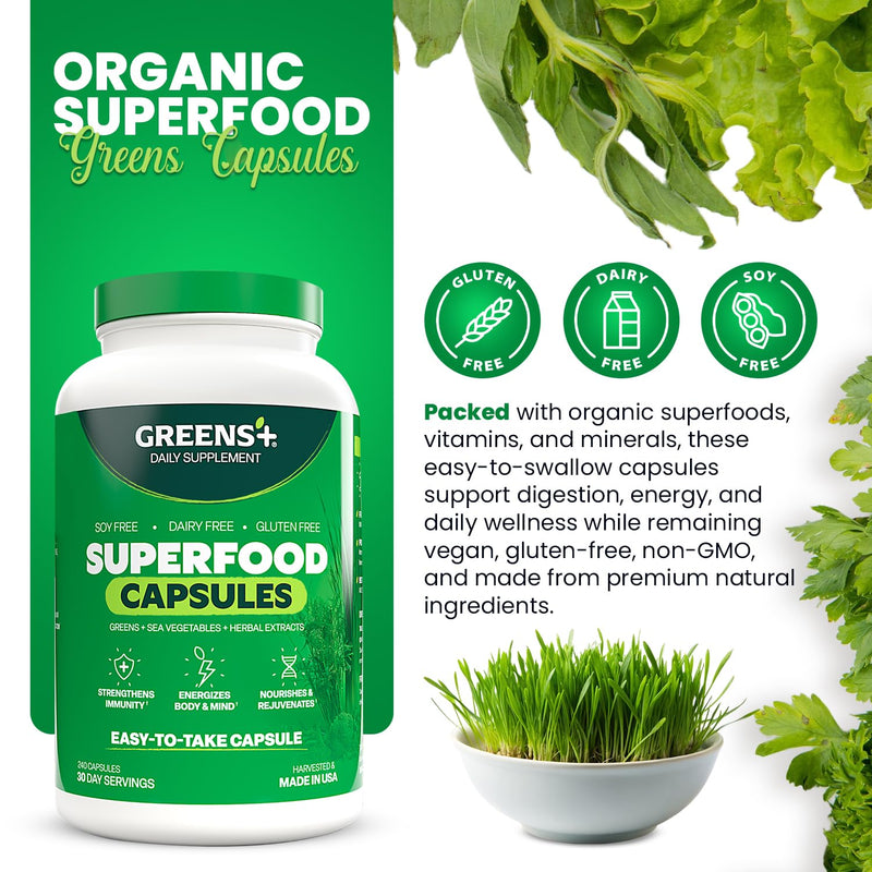 Greens+ Organic Superfood Capsules, Naturals Dietary Supplement | 240 Count | Organic Spirulina and Chlorella, with Alfalfa & Wheat Grass, Vitamins & Minerals Supplements, Gluten-Free, Vegan, Non-GMO