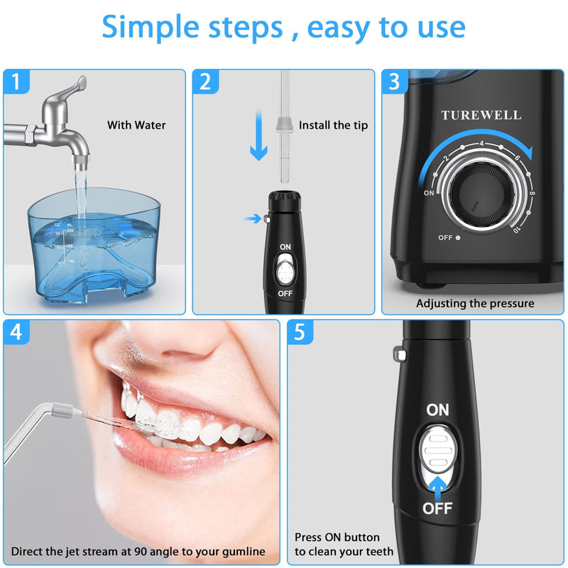 TUREWELL Water Dental Flosser for Teeth/Braces, Water Teeth Cleaner 8 Jet Tips and 10 Pressure Levels, 600ML Large Water Tank Oral Irrigator for Family(Black) Black