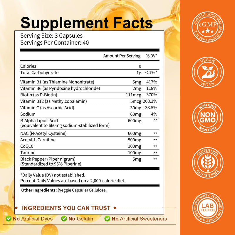 Totaria R Alpha Lipoic Acid 600mg - Stabilized ALA Supplement for Neuropathy Support Capsules, Nerve Health, Nervous System and Antioxidant, Non-GMO, Gluten Free, Vegan Safe 120 Counts 120 Count (Pack of 1)