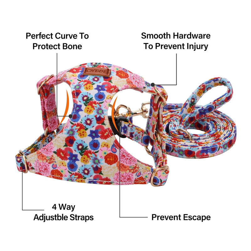 CHEDE No Pull Floral Pattern Dog Harness- Lightweight and Soft Dog Harness, Adjustable Small Dog Harness and Leash Set, with Dog Leash, Suitable for Puppy Small and Medium-Sized Dog S Pink Floral - BeesActive Australia