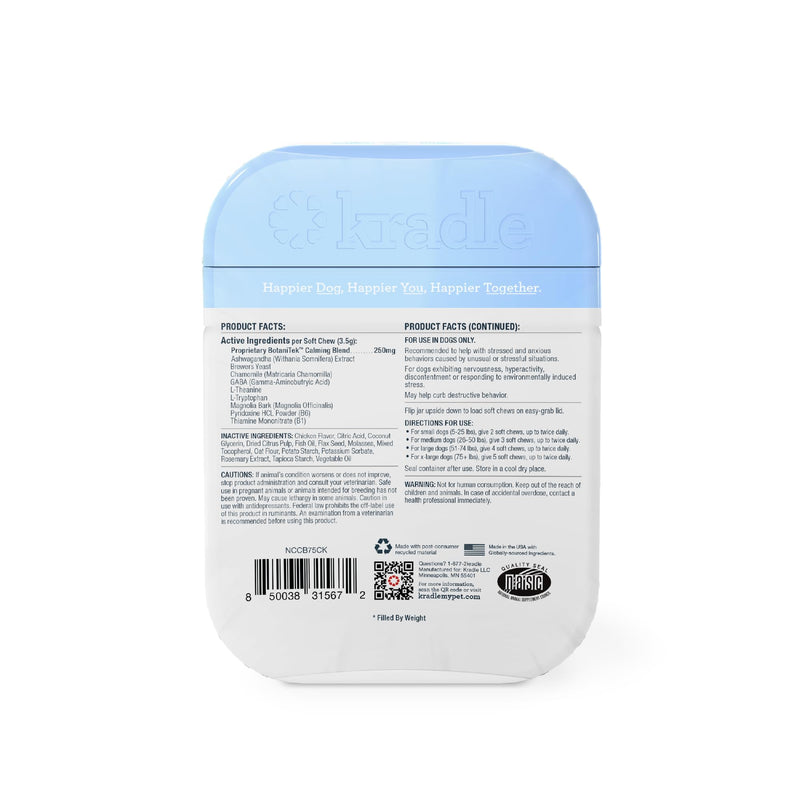 Kradle Calming Chews - Daily Stress Relief Support for Dogs - Bite Size, Chicken Flavor - Human Grade Calming Chews with Soothing Ingredients - for All Dog Breed & Sizes - 75-Count Jar Soft Chews - PawsPlanet Australia