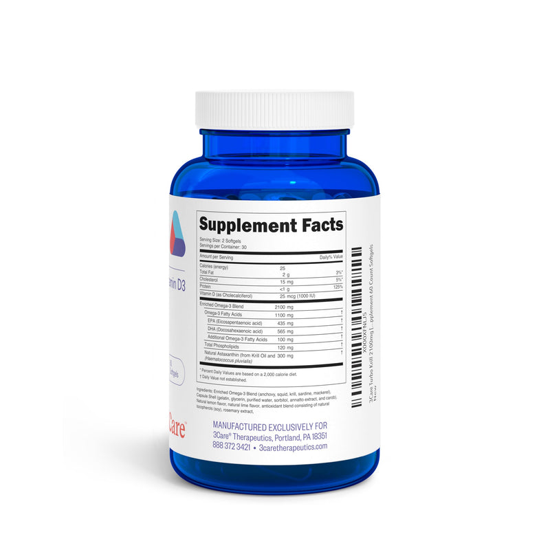 Turbo Krill 2100mg [High Concentrate] Krill Oil Plus 600 IU Vitamin D Omega 3 Supplement 60 Count Softgels