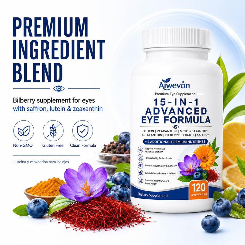 15 in 1 Advanced Eye Formula, Eye Vitamins Supplement with Lutein Zeaxanthin Meso Zeaxanthin, Bilberry Extract & Saffron, Eye Health Support Capsules for Adults, Daily Vision Nutrition, 120 Count