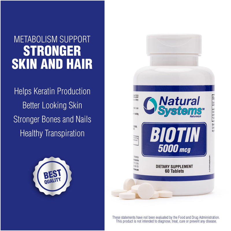 Biotin 60 Tablets 5000 mcg by Natural Systems | Biotin Hair Growth Support Pills | Hair Skin Nails Vitamins for Men and Women | Supplement Improves Cell Growth