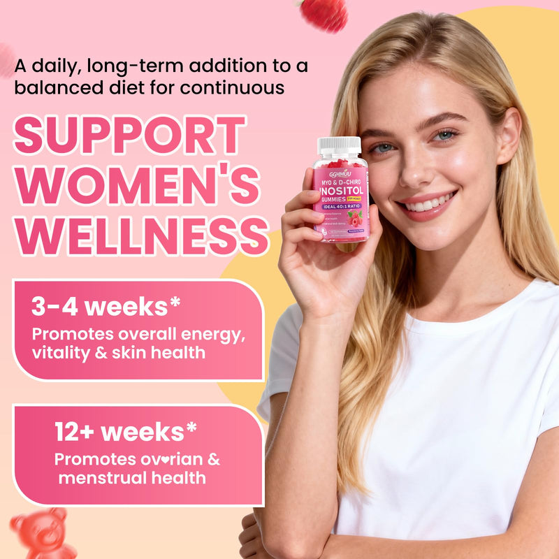 Myo-Inositol & D-Chiro Inositol Gummies for Women, 120 Count | 1000mg+25mg 40:1 Ratio, with Vitamin D3, Magnesium Glycinate, Folate & Zinc, Vegan, Sugar Free, Non-GMO, Raspberry Flavor 60 Count (Pack of 2)