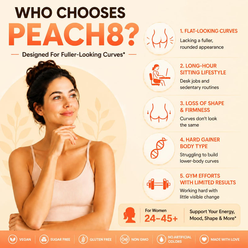 Peach8 BBL Booty Gummies for Womens Hip Butt & Curves 2x Billion Probiotics | Sugar-free vegan formula with black maca, motherwort, saw palmetto & sea kelp 4x herbal supplements, 8x Vitamins gummies 60ct 60 Count (Pack of 1)