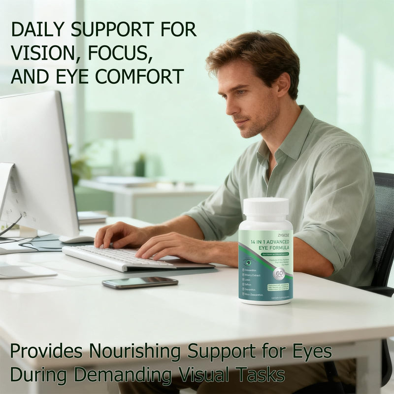 14-in-1 Advanced Eye Vitamin Supplement with Lutein, Zeaxanthin, Bilberry Extract & Zinc for Adults - Supports Vision, Macula & Blue Light Protection - 60 Capsules (01) 1