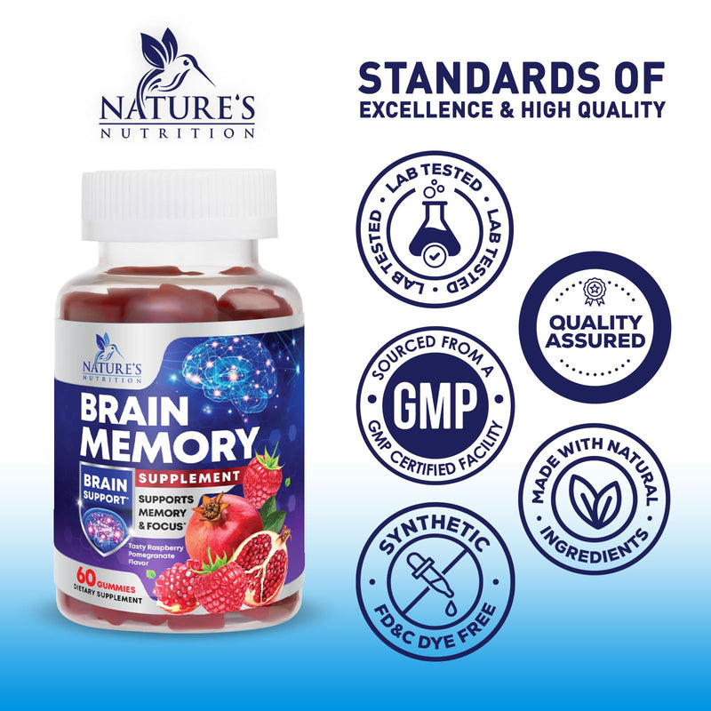 Brain Supplements For Memory & Focus Gummies - Natural Nootropics Support for Concentration Alertness & Clarity Support - 3X Strength Brain Health Vitamins with B6 B12, Phosphatidylserine - 60 Gummies 60 Count (Pack of 1)