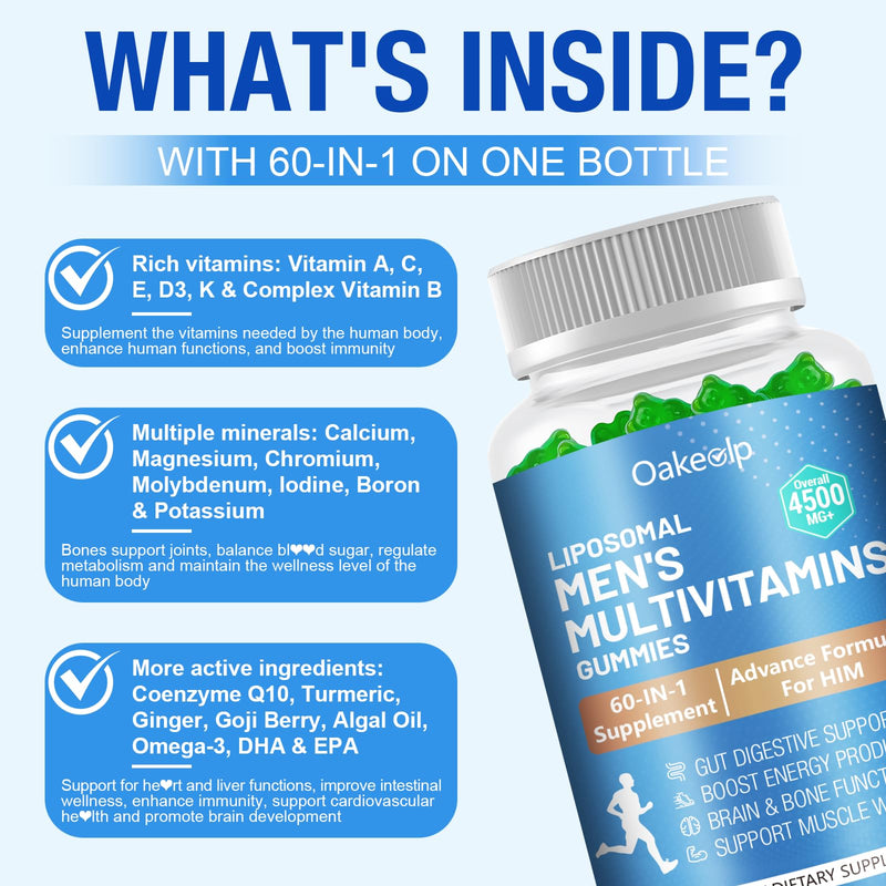 2 Pack 60-IN-1 Liposomal Methylated Multivitamin Gummy for Men Overall 4500MG+,Vitamin A C D3 K E B Complex ,Probiotics,Omega 3,CoQ10,Zinc,120+ Nutrients,for Immune,Heart and Digestive Wellness 60 Count (Pack of 2)