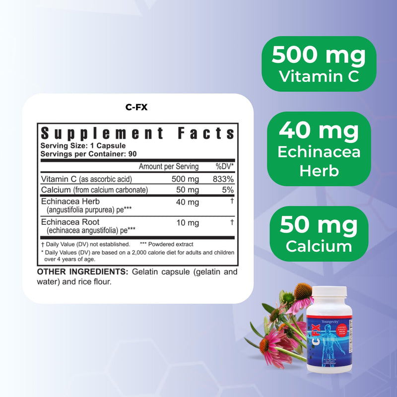 Youngevity C-FX Vitamin C 500mg with Echinacea Immune Support, 90 Capsules | Vitamin C 500mg, echinacea extract, immune support, pH-balanced formula, antioxidant protection, daily wellness, 90 capsules