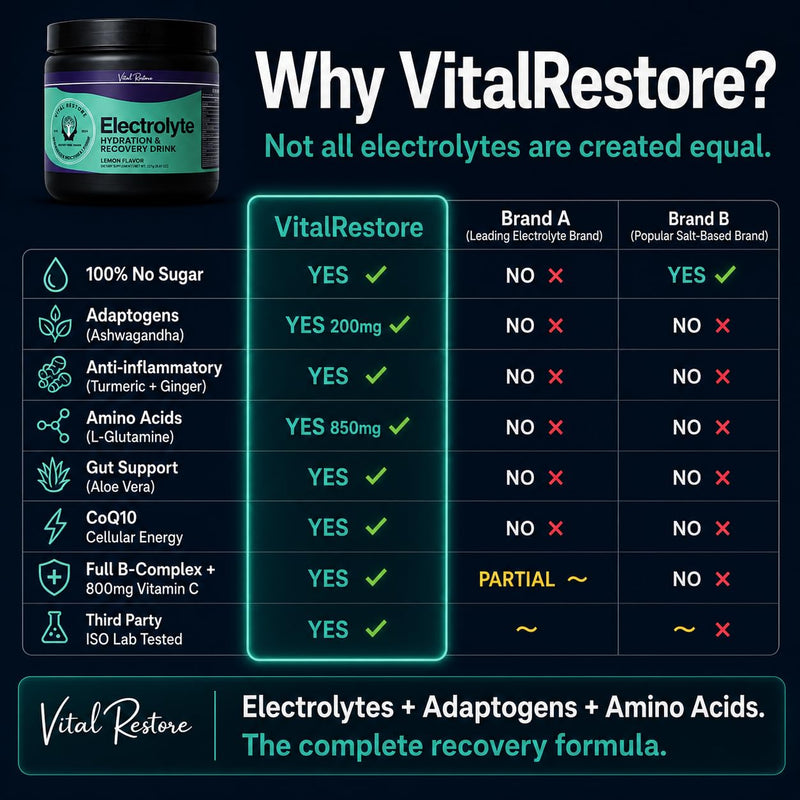 VitalRestore Natural Electrolyte Recovery Powder — with Ashwagandha & L-Glutamine | Sugar Free, No Artificial Sweeteners | Fast Hydration & Muscle Recovery | Lemon Flavor | 28 Servings