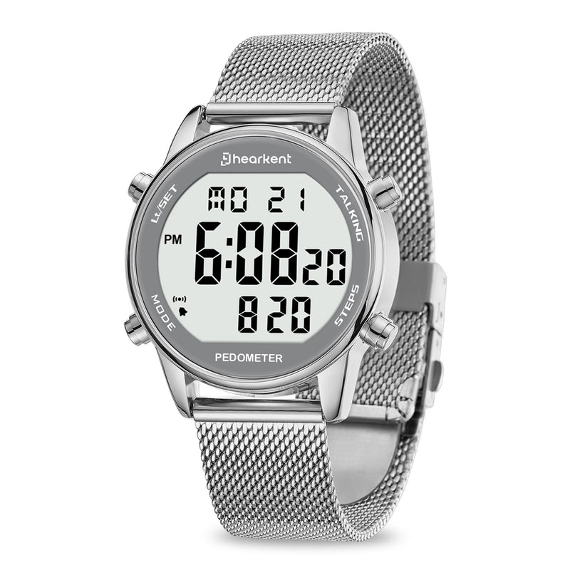 Hearkent Digital Talking Watch with Pedometer,Announces time/Date/Steps/Calories in English,Gift for Elderly,Blind&Visually impaired,5 Alarm Reminders+Hourly Chime,EL Backlight Silver Mesh Strap