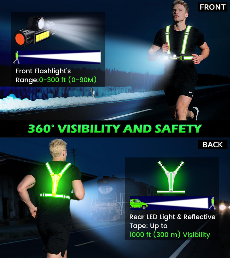 Running Lights for Runners,90°Adjustable LED Reflective Vest Running Gear,Rechargeable Chest Light Up Running Vest Night Walking Safety Gear for Night Walking/Cycling/Jogging Green - BeesActive Australia