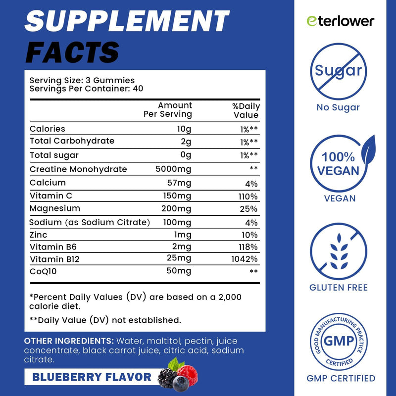 Creatine Monohydrate Gummies 5g, Pre & Post Workout Energy & Muscle for Men & Women | Blueberry Electrolyte Vitamin C/B6/B12 Gummies, 120 Count 119 Count (Pack of 1)