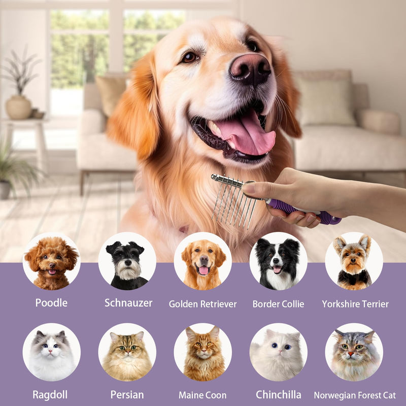 Detangling Pet Comb for Dog & Cat, Grooming Comb with Long & Short Stainless Steel Teeth, Safely Remove Knots & Tangles for Healthy Shiny Coat, Gentle Effective Detangling Tool for Pet Hair (Violet) Violet - BeesActive Australia