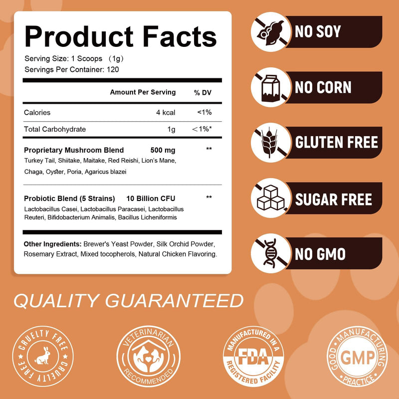 Mushroom Supplement with Probiotics for Dogs & Cats, Turkey Tail Mushroom for Pets - Mushroom Powder for Immune Boost & Overall Health- Partner Guard for Dogs Lumps and Bumps 2 Pack 2-Pack