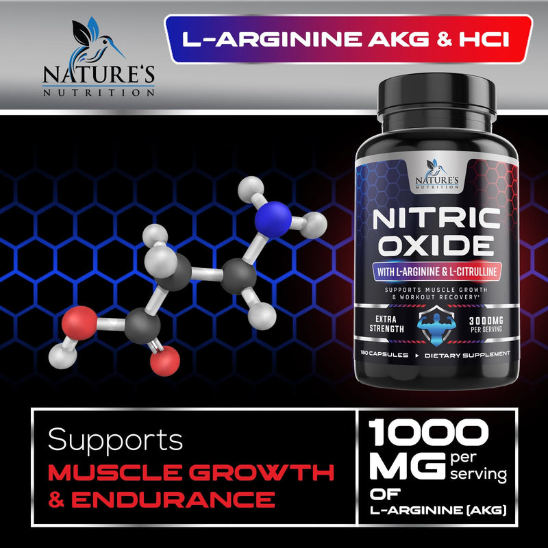Nitric Oxide Booster Extra Strength - 3X Strength L-Arginine & Citrulline Supplement - Best Nitric Oxide Supplements for Men - Supports Muscle, Heart Health, Energy - Bottled in USA - 180 Capsules 180 Count (Pack of 1)