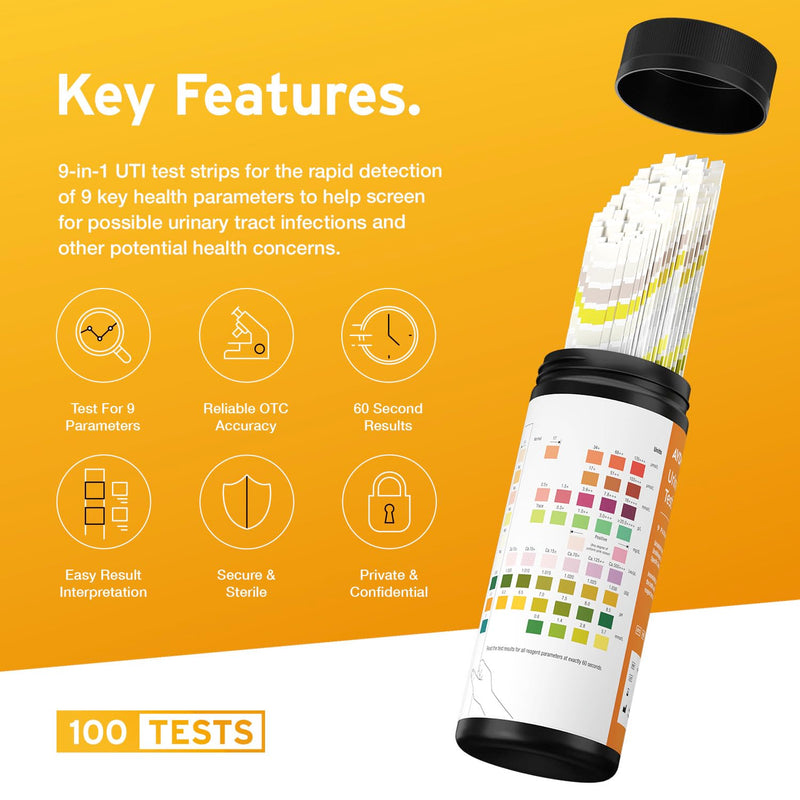 100 x AYDMED 9-in-1 UTI Test Strips | 9 Parameter Urine Test Strips for Leukocytes, Nitrite, Specific Gravity, pH, Protein, Urobilinogen, Bilirubin, Ketone & Ascorbic Acid | FSA & HSA Eligible