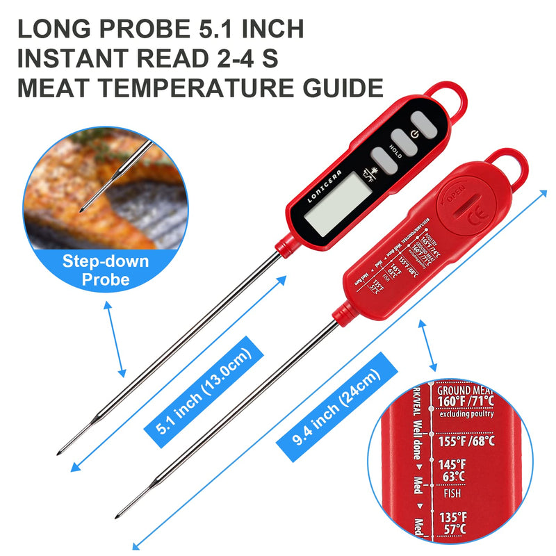 Lonicera Digital Cooking Thermometer for Bread Baking, Food and Water Temperature Measurement. Waterproof and Long Stem with Meat Temp Guide, Display with Backlit (Red) 1.1 Inches - BeesActive Australia