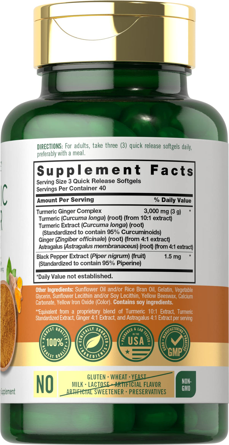 Carlyle Turmeric and Ginger Supplement 3000 mg | 120 Softgel Capsules | Turmeric Curcumin Complex | Non-GMO, Gluten Free - BeesActive Australia