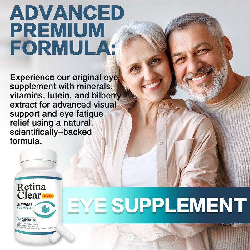Retina Clear Pro Eye Health Support Supplement, with Minerals and Vitamins, Lutein and Bilberry Extract Supports Visual Clarity, Eye Fatigue Relief & Focus（2PCS）
