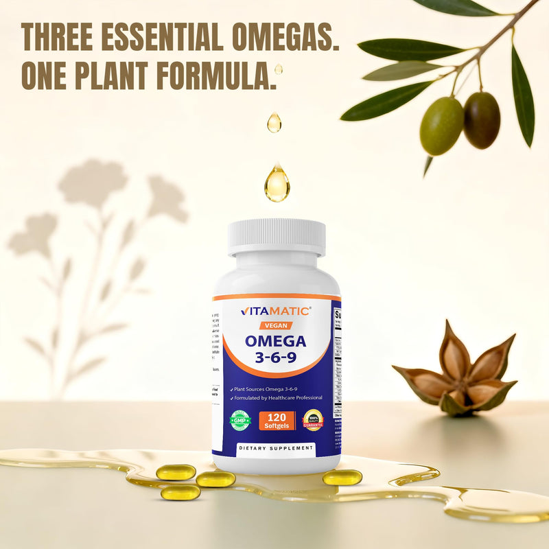 Vitamatic Vegan Omega 3-6-9 Complex 1250mg | Flaxseed, Olive, Borage & Algae Oils | Plant-Based Omegas | 120 Softgels