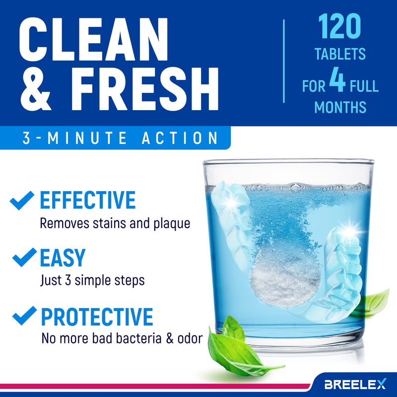 Breelex Denture Cleaning Tablets - 120 Count, Pack of 1-4-Month Supply & Denture Care - All-Purpose Retainer Cleaner Tablets - Gentle Formula for Mouth Guard Cleaner 1 Pack - BeesActive Australia