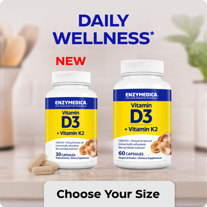 Enzymedica Vitamin D3 K2, 5000 IU Vegan D3 + 90 mcg MK-7, Plant-Based Supplement with Shiitake Mushroom & Prebiotic Fiber for Bone & Immune Support, 30 Capsules (Pack of 2) 30 Count (Pack of 2)