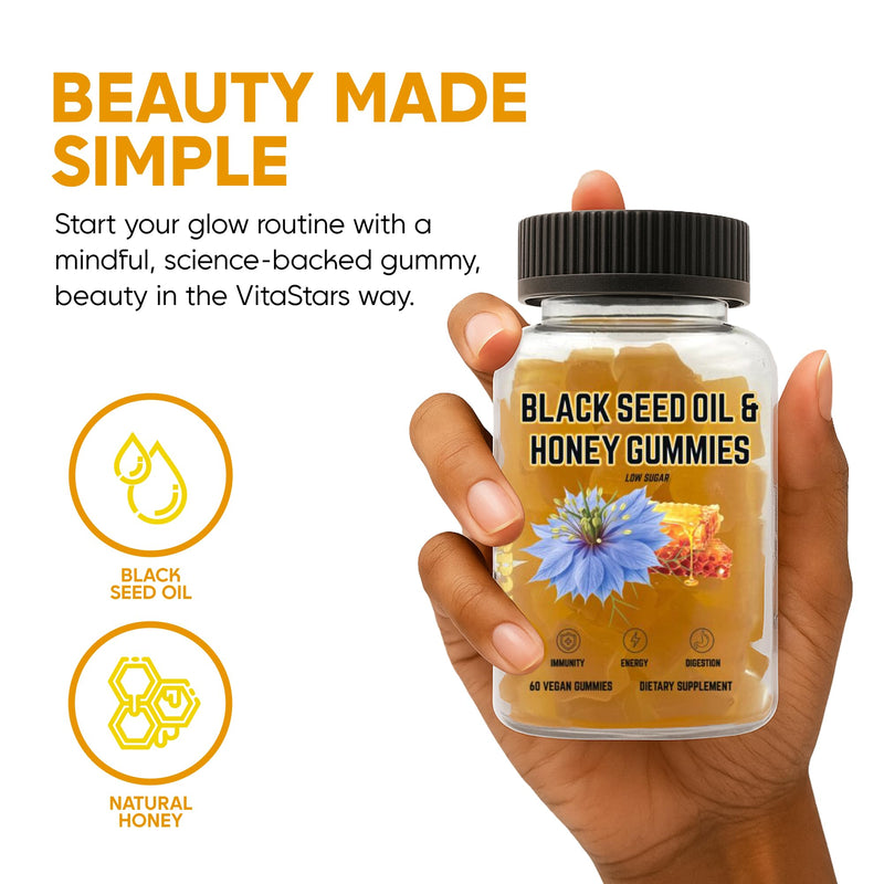 Black Seed Oil & Honey Gummies - with Black Cumin Seed Oil, Vitamin C, Turmeric & Biotin - Immune Support Supplement for Joint, Gut & Skin Health, 60 Gummies Black Seed Oil & Honey Gummies