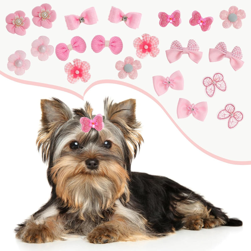 20Pcs Light Pink Small Dog Hair Bows Cute Puppy Dog Bowknot Hair Bow Bulk with Rubber Bands Elastic Lace Rhinestone Pearls Hair Ties Mix Style Handmade Flower Bow Dog Cat (Light Pink, Cute pattern) - BeesActive Australia