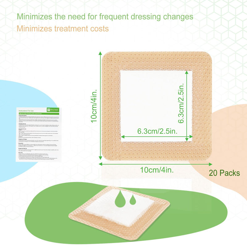 NeuHeils Silicone Super Absorbent Wound Dressing 4''x4'' 20 Packs, Self-Adhesive Waterproof Bandage with Ultrasorb Pad for Heavy Exudates Wound, Soft Gauze Island Dressing 4''x4'' (20 Packs) - BeesActive Australia